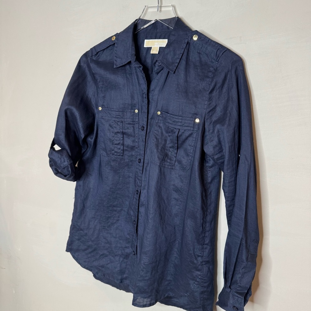 Michael Kors Navy Blue Ramie Button Down Shirt Gold Button Shoulder Size S - Picture 4 of 10